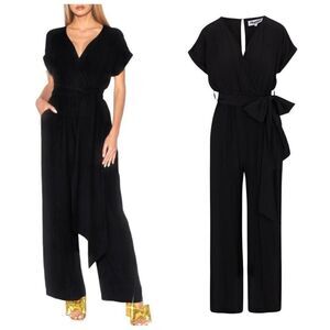Meghan LA Wonderland Jumpsuit Wide Leg Surplice V-Neck in Black Size XXXL